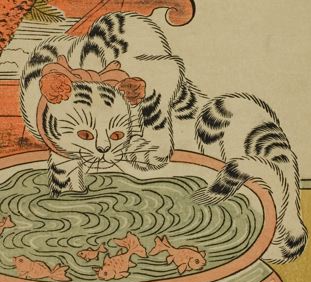 An illustration of a cat closely watching a bowl of goldfish