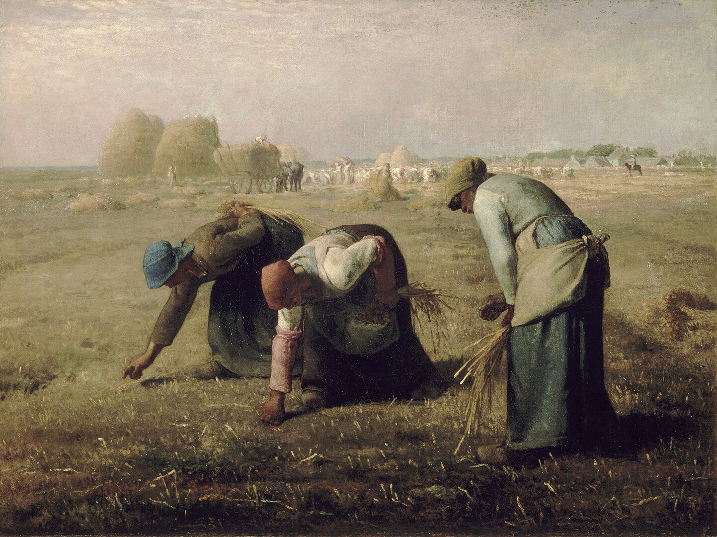 Three peasant women gleaning a field of stray stalks of wheat after the harvest