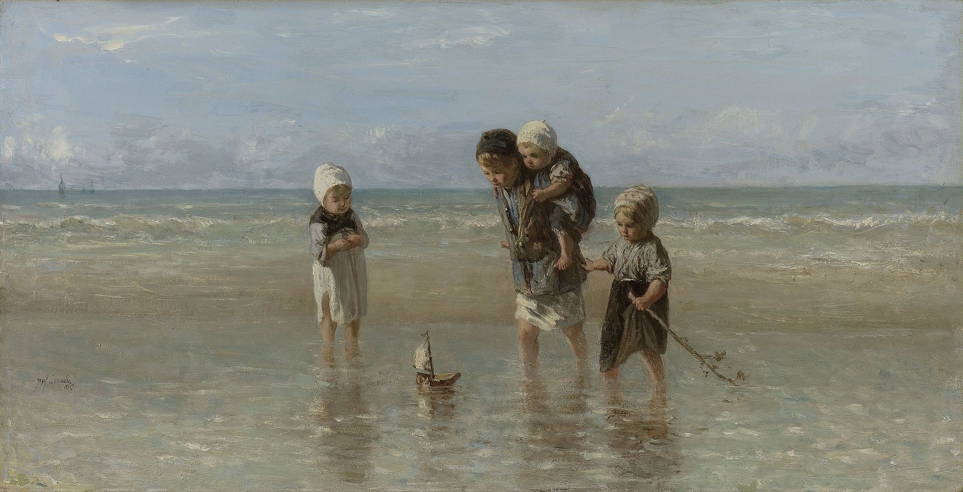 Four children standing by the seashore observing a toy boat floating in the water