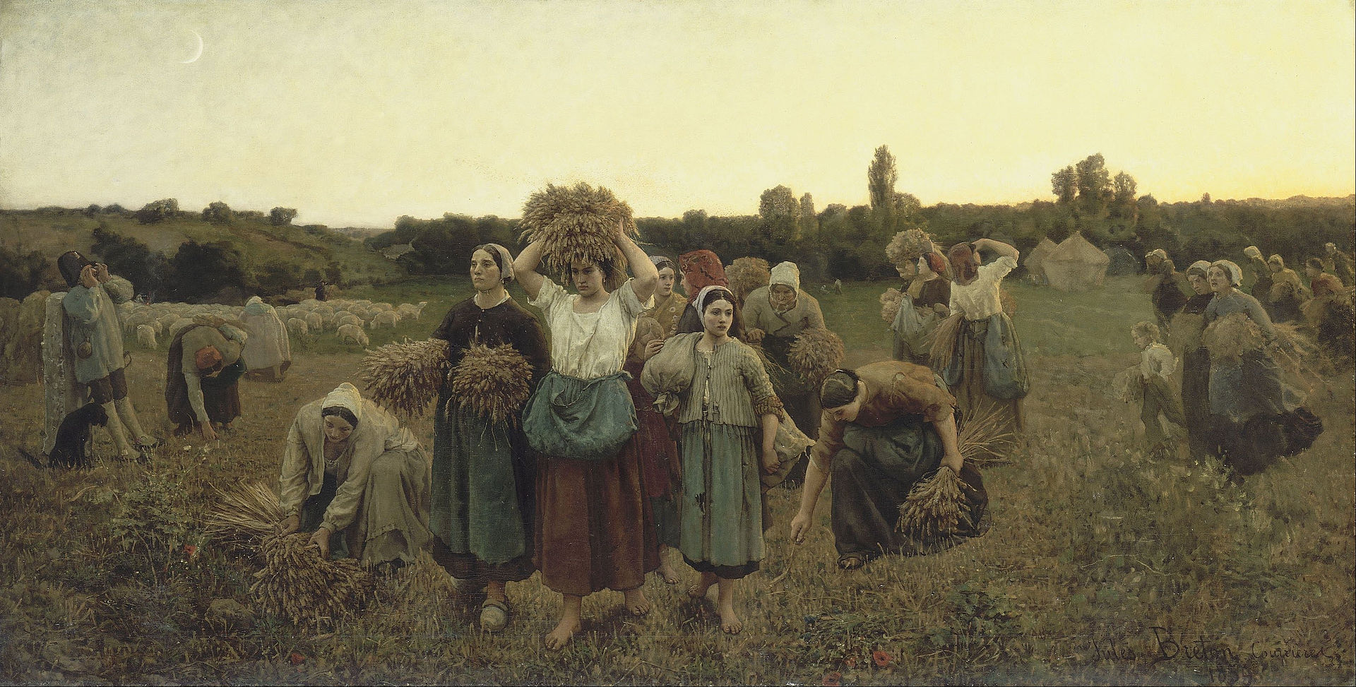 Peasants carrying stalks of wheat in the farm fields
