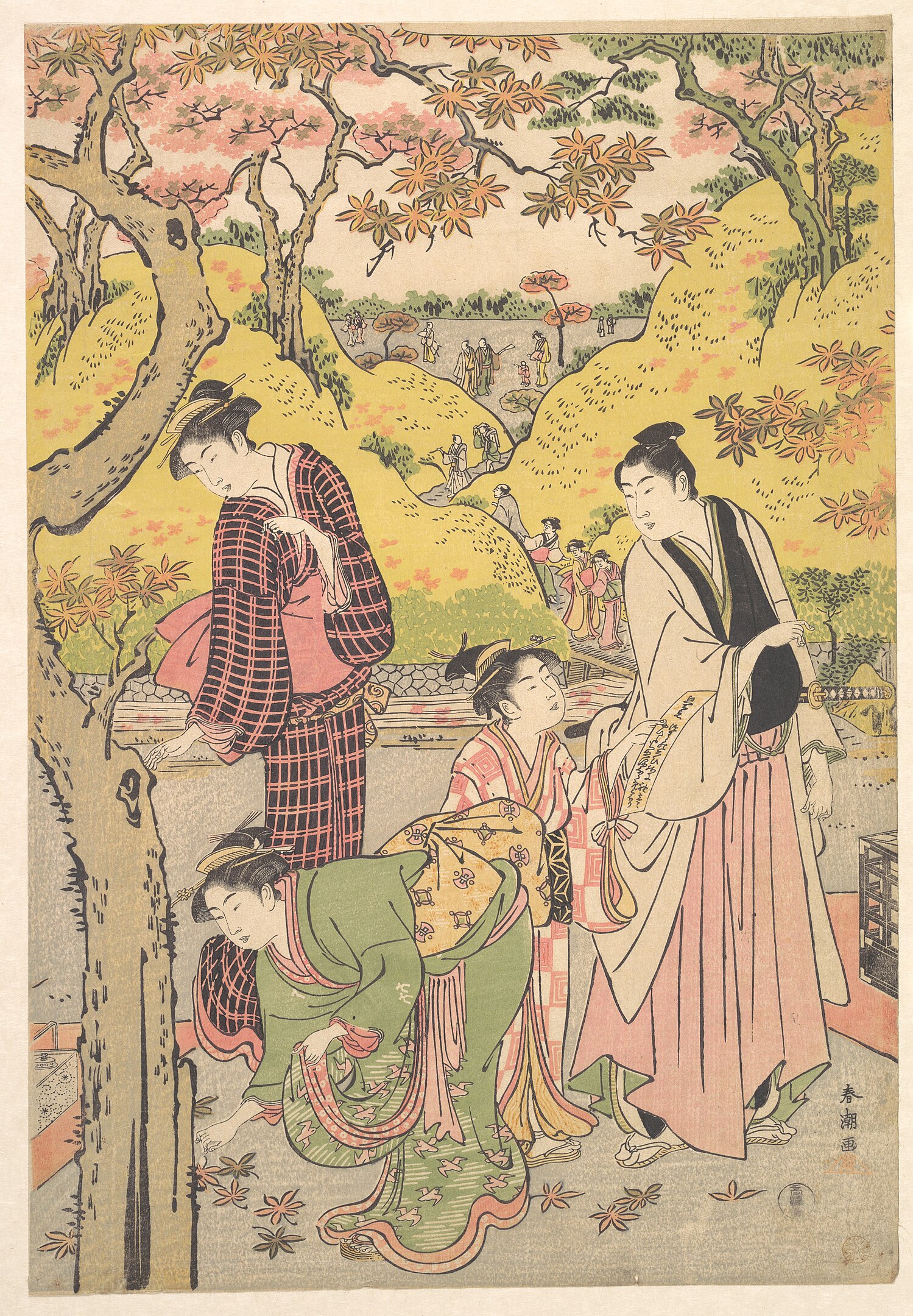 A group of figures having a picnic in a cherry blossom garden