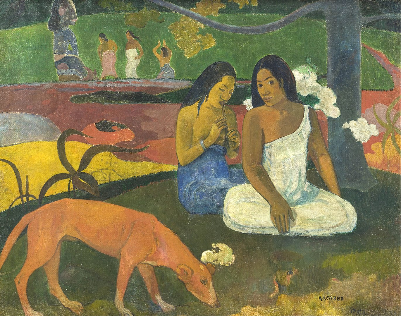 Two women seated beside a tree with a dog on an island