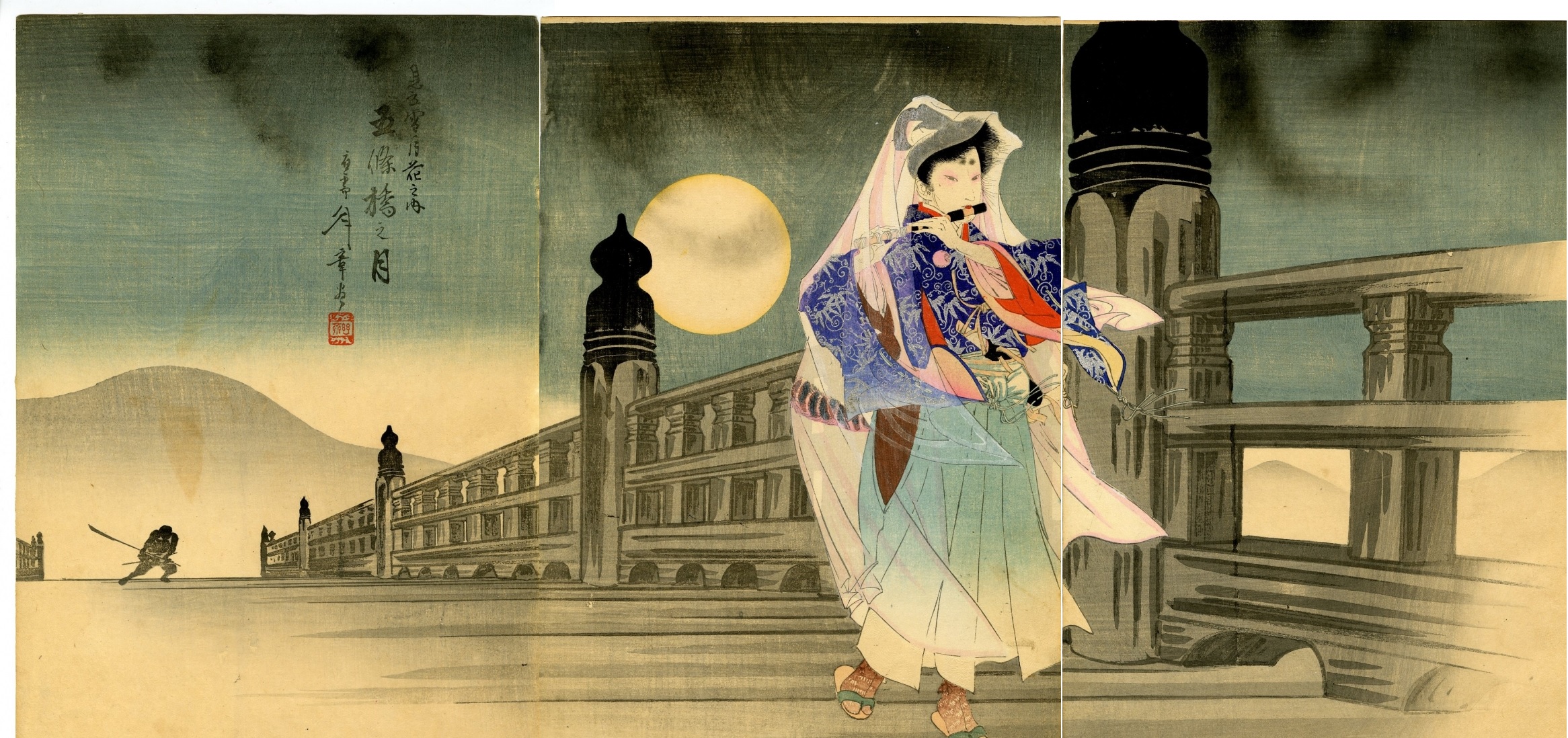 A woman playing the flute on a bridge with a full moon in the background