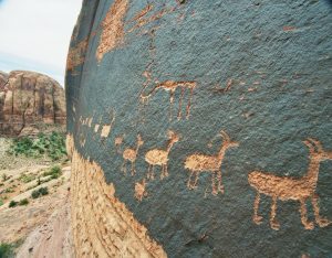 Petroglyph depicting a row of bighorn sheep near Moab, Utah. A fairly common motif in the deserts of North America.