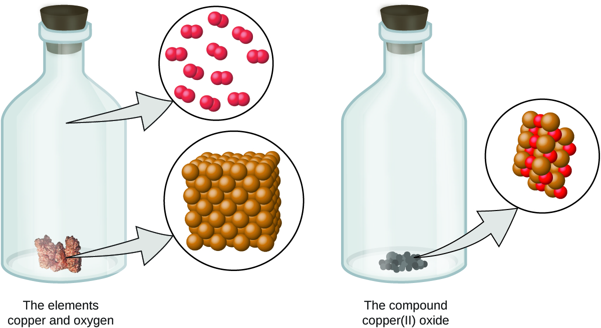 The left stoppered bottle contains copper and oxygen. There is a callout which shows that copper is made up of many sphere-shaped atoms. The atoms are densely organized. The open space of the bottle contains oxygen gas, which is made up of bonded pairs of oxygen atoms that are evenly spaced. The right stoppered bottle shows the compound copper two oxide, which is a black, powdery substance. A callout from the powder shows a molecule of copper two oxide, which contains copper atoms that are clustered together with an equal number of oxygen atoms.