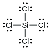 A Lewis structure shows a silicon atom that is single bonded to four chlorine atoms. Each chlorine atom has three lone pairs of electrons.