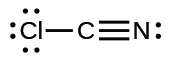 A Lewis structure shows a carbon atom that is triple bonded to a nitrogen atom that has one lone pair of electrons. The carbon is also single bonded to a chlorine atom that has three lone pairs of electrons.