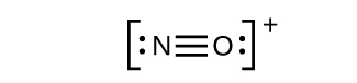 A Lewis structure shows a nitrogen atom with one lone pair of electrons triple bonded to an oxygen with a lone pair of electrons. The structure is surrounded by brackets and has a superscripted positive sign.