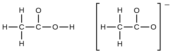 Two Lewis structures are shown with a double headed arrow in between. The left structure shows a carbon atom single bonded to three hydrogen atoms and a second carbon atom. The second carbon is single bonded to two oxygen atoms. One of the oxygen atoms is single bonded to a hydrogen atom. The right structure, surrounded by brackets and with a superscripted negative sign, depicts a carbon atom single bonded to three hydrogen atoms and a second carbon atom. The second carbon atom is single bonded to two oxygen atoms.