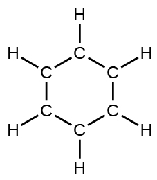 A Lewis structure shows a hexagonal ring composed of six carbon atoms. They form single bonds to each another and single bonds to one hydrogen atom each.