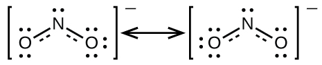 Two Lewis structures are shown with a double headed arrow drawn between them. The left structure shows an oxygen atom with two lone pairs of electrons double bonded to a nitrogen atom with one lone pair of electrons that is single bonded to an oxygen atom with three lone pairs of electrons. Brackets surround this structure, and there is a superscripted negative sign. The right structure shows an oxygen atom with three lone pairs of electrons single bonded to a nitrogen atom with one lone pair of electrons that is double bonded to an oxygen atom with two lone pairs of electrons. Brackets surround this structure, and there is a superscripted negative sign.