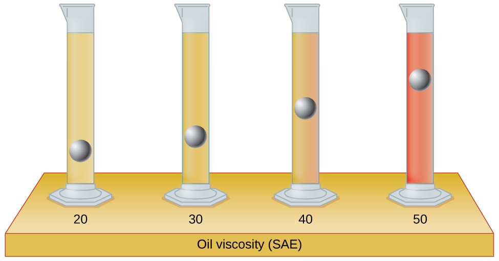 An image of four graduated cylinders sitting on a table labeled “Oil viscosity ( S A E )” is shown. The left-hand cylinder, labeled “20,” is mostly filled with light tan liquid and a metal ball is drawn in the lower fifth of the cylinder, but not on the bottom. The second cylinder, labeled “30,” is mostly filled with light brown liquid and a metal ball is drawn about three-fourths of the way down cylinder. The third cylinder, labeled “40,” is mostly filled with medium brown liquid and a metal ball is drawn halfway down the cylinder. The right-hand cylinder, labeled “50,” is mostly filled with brown liquid and a metal ball is drawn near the top of the liquid in the cylinder.