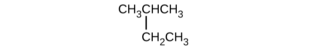 This structure shows a hydrocarbon chain composed of C H subscript 3 C H C H subscript 3 with a C H subscript 2 C H subscript 3 group attached beneath the second C atom counting left to right.