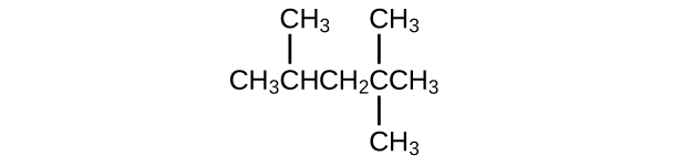 The hydrocarbon molecular structure shown includes C H subscript 3 C H C H subscript 2 C C H subscript 3. There is a C H subscript 3 group bonded to the second C atom in the chain (from left to right). There are two C H subscript 3 groups bonded above and below the fourth C atom in the chain.