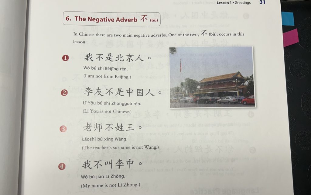 a picture of a page from a pedagogical grammar of Mandarin.Text: 6. The Negative Adverb 不 (bù) In Chinese there are two main negative adverbs. One of the two, 不 (bù), occurs in this lesson. 1. 我不是北京人。 Wǒ bú shì Běijīng rén. (I am not from Beijing.) 2. 李友不是中国人。 Lǐ Yǒu bú shì Zhōngguó rén. (Li You is not Chinese.) 3. 老师不姓王. Lǎoshī bú xìng Wáng. (The teacher's surname is not Wang.) 4. 我不叫李中。 Wǒ bú jiào Lǐ Zhōng. (My name is not Li Zhong.)