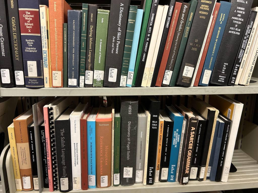 A bookshelf at a university library.