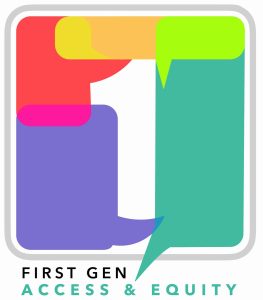 a number "one" formed by overlapping multicoloured speech bubbles. Below the image are the words "First gen access & equity"