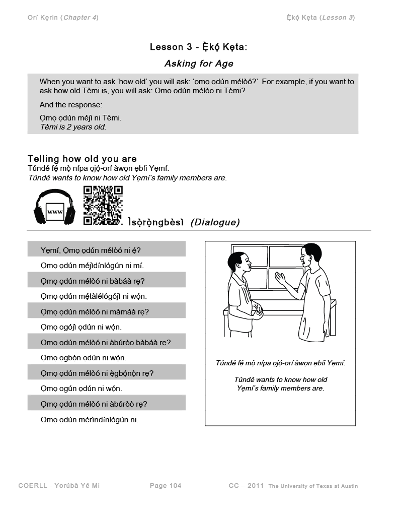 a page from a Yoruba-language pedagogical grammar, showing how to ask how old someone is