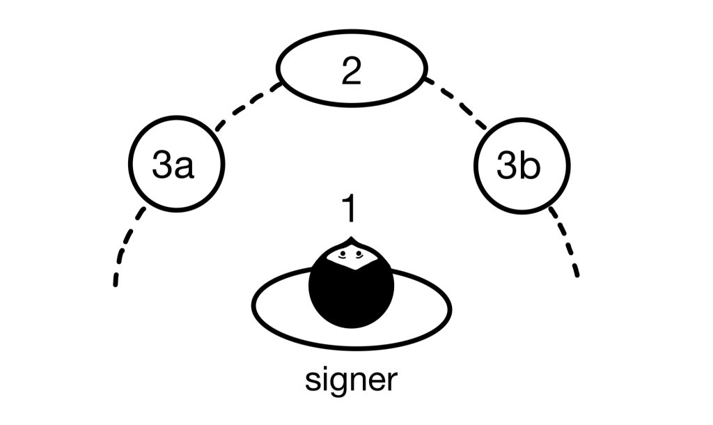 An overhead view drawn figure (1) labelled "signer" facing their signing space, which has three locations.