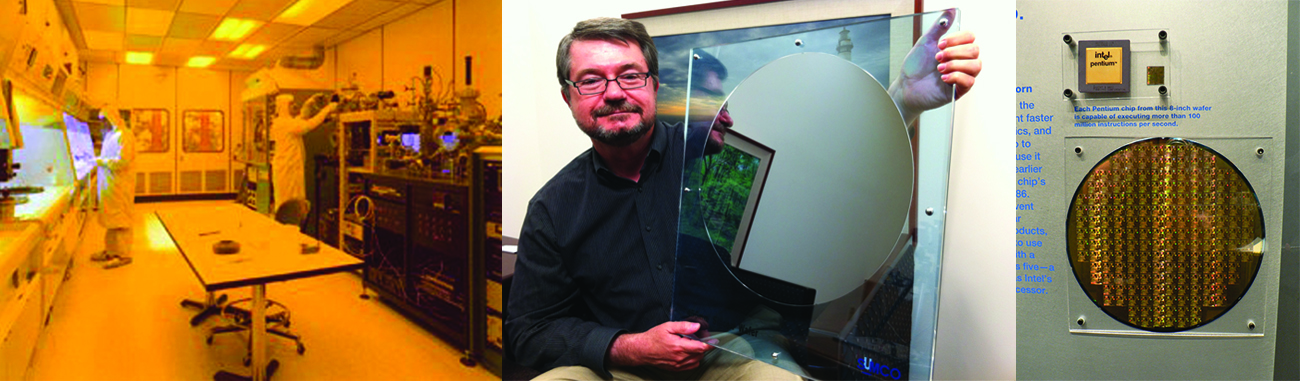 Three photos are shown. The first shows a scientific lab full of equipment in which two people in protective suits are working. The second image shows a man holding a round, reflective disc held inside of a protective, clear container. The third image shows a round disc covered in metallic chips which is behind a protective covering.