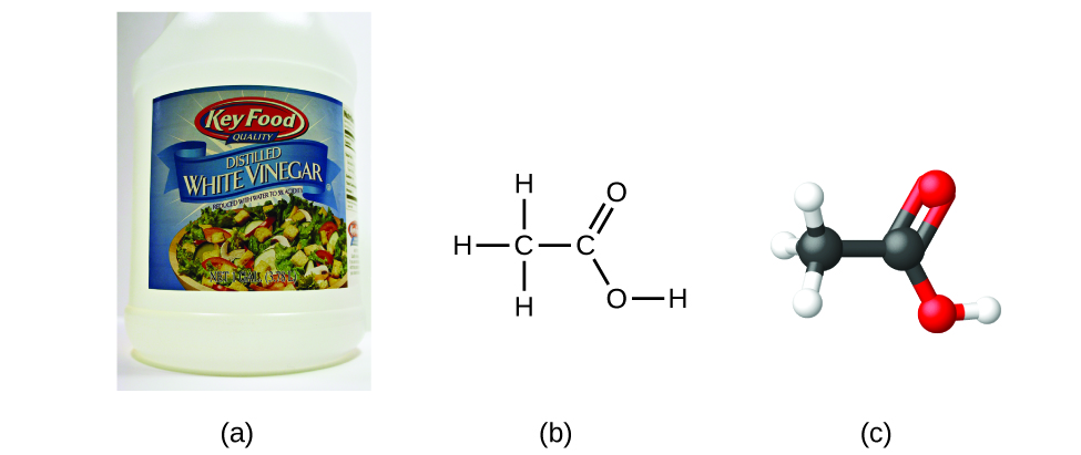 Figure A shows a jug of distilled, white vinegar. Figure B shows a structural formula for acetic acid which contains two carbon atoms connected by a single bond. The left carbon atom forms single bonds with three hydrogen atoms. The right carbon atom forms a double bond with an oxygen atom. The right carbon atom also forms a single bond with an oxygen atom. This oxygen forms a single bond with a hydrogen atom. Figure C shows a 3-D ball-and-stick model of acetic acid.