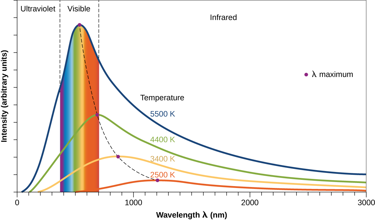 A graph is shown with a horizontal axis labeled, “Wavelength lambda (micrometers)” and a vertical axis labeled, “Intensity I (a r b. units).” The horizontal axis begins at 0 and extends to 3.0 with markings provided every 0.1 micrometer. Similarly, the vertical axis begins at 0 and extends to 10 with markings every 1 unit. Two vertical dashed lines are drawn. The first appears at about 0.39 micrometers and the second at about 0.72 micrometers. To the left of the first of these lines, the label, “Ultraviolet,” appears at the top of the graph. Between these lines, the label, “Visible,” appears at the top of the graph. To the right of the second of these lines, the label, “Infrared,” appears at the top of the graph. To the far right of the graph in open space a purple dot is placed which is labeled, “lambda maximum.” A “Temperature” label is located in a central region of the graph. A blue curve begins on the horizontal axis at about 0.05 micrometers. This curve increases steeply to a maximum value between the two vertical line segments of approximately 9.5 at about 0.55 micrometers. This curve decreases rapidly at first, then tapers off to reach a value of about 1.5 at the far right end of the graph. This blue curve is labeled 6000 K beneath the “Temperature” label. Curves are similarly drawn in green for 5000 K, orange for 4000 K, and red for 3000 K. As the temperature decreases, the height of the peak is lower and shifted right on the graph. The maximum value for the green curve is around 4.5 at 7.2 micrometers. This curve tapers at the right end of the graph to a value around 0.6. The maximum for the orange curve is around 2 at about 0.9 micrometers. This curve tapers at the right end of the graph to a value around 0.2. The maximum for the red curve is around 0.7 at about 1.2 micrometers. This curve tapers at the right end of the graph to a value around 0.1. The entire region under the blue curve that is between the two dashed lines, indicating the visible region, is shaded with vertical bands of color. The colors extending left to right across this region are violet, indigo, blue, green, yellow, orange, and red. A purple dot is placed at the peak of each of the four colored curves. These peaks are connected with a dashed curve.