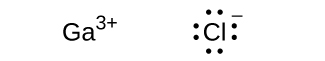 Two Lewis structures are shown. The left shows the symbol G a with a superscripted three positive sign while the right shows the symbol C l surrounded by eight dots and a superscripted negative sign.