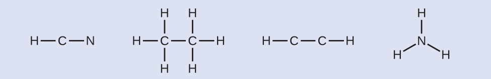 Four Lewis structures are shown. The first structure shows a carbon atom single bonded to a hydrogen atom and a nitrogen atom. The second structure shows two carbon atoms single bonded to one another. Each is single bonded to three hydrogen atoms. The third structure shows two carbon atoms single bonded to one another and each single bonded to one hydrogen atom. The fourth structure shows a nitrogen atom single bonded to three hydrogen atoms.