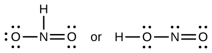 Two Lewis structures are shown, with the word “or” in between. The left structure shows a nitrogen atom single bonded to an oxygen atom with three lone pairs of electrons. It is also single bonded to a hydrogen atom and double bonded to an oxygen atom with two lone pairs of electrons. The right structure shows a hydrogen atom single bonded to an oxygen atom with two lone pairs of electrons. The oxygen atom is single bonded to a nitrogen atom which is double bonded to an oxygen atom with two lone pairs of electrons.