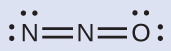 A Lewis structure is shown. A nitrogen atom with two lone pairs of electrons is double bonded to a nitrogen atom that is double bonded to an oxygen atom with two lone pairs of electrons.