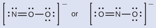 Two Lewis structures are shown with the word “or” written between them. The left structure shows a nitrogen atom with two lone pairs of electrons double bonded to an oxygen atom with one lone pair of electrons that is single bonded to an oxygen atom with three lone pairs of electrons. Brackets surround this structure and there is a superscripted negative sign. The right structure shows an oxygen atom with two lone pairs of electrons double bonded to a nitrogen atom with one lone pair of electrons that is single bonded to an oxygen with three lone pairs of electrons. Brackets surround this structure and there is a superscripted negative sign.