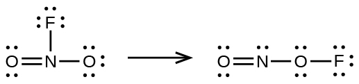 Two Lewis structures are shown with a right-facing arrow in between. The left structure shows a nitrogen atom double bonded to an oxygen atom with two lone pairs of electrons. It is also bonded to a fluorine atom and another oxygen atom, each with three lone pairs of electrons. The right structure shows an oxygen atom with two lone pairs of electrons double bonded to a nitrogen atom with one lone pair of electrons. This nitrogen atom is single bonded to an oxygen with two lone pairs of electrons. The oxygen atom is single bonded to a fluorine atom with three lone pairs of electrons.