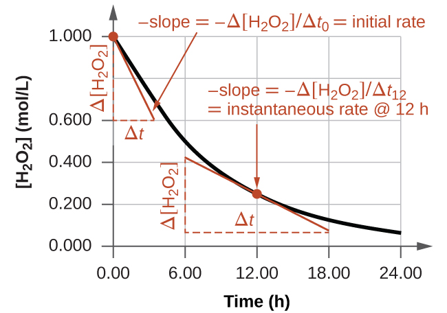 A graph is shown with the label, “Time ( h ),” appearing on the x-axis and “[ H subscript 2 O subscript 2 ] ( mol per L)” on the y-axis. The x-axis markings begin at 0.00 and end at 24.00. The markings are labeled at intervals of 6.00. The y-axis begins at 0.000 and includes markings every 0.200, up to 1.000. A decreasing, concave up, non-linear curve is shown, which begins at 1.000 on the y-axis and nearly reaches a value of 0 at the far right of the graph around 24.00 on the x-axis. A red tangent line segment is drawn on the graph at the point where the graph intersects the y-axis at 1.000. The slope is labeled as “slope equals negative capital delta [H subscript 2 O subscript 2 ] over capital delta t subscript 0 equals initial rate”. A vertical dashed line segment extends from the left endpoint of the line segment downward to intersect with a similar horizontal line segment drawn from the right endpoint of the line segment, forming a right triangle beneath the curve. The vertical leg of the triangle is labeled “capital delta [ H subscript 2 O subscript 2 ]” and the horizontal leg is labeled, “capital delta t.” The slope is labeled as “slope equals negative capital delta [H subscript 2 O subscript 2 ] over capital delta t subscript 12 equals instantaneous rate at 12 h.” A second red tangent line segment is drawn near the middle of the curve at 12.00 on the x-axis. A vertical dashed line segment extends from the left endpoint of the line segment downward to intersect with a similar horizontal line segment drawn from the right endpoint of the line segment, forming a right triangle beneath the curve. The vertical leg of the triangle is labeled “capital delta [ H subscript 2 O subscript 2 ]” and the horizontal leg is labeled, “capital delta t.”