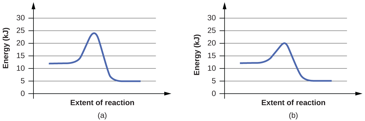 In this figure, two graphs are shown. The x-axes are labeled, “Extent of reaction,” and the y-axes are labeled, “Energy (k J).” The y-axis of the first graph is marked off from 0 to 30 in intervals of 5. The y-axis of the second graph is marked off from 0 to 25 by intervals of 5. In a, a blue curve is shown. It begins with a horizontal region at about 12. The curve then rises sharply near the middle to reach a maximum of about 24 and similarly falls to another horizontal segment at 5. In b, the curve begins and ends similarly, but the maximum reached near the center of the graph is only 20.