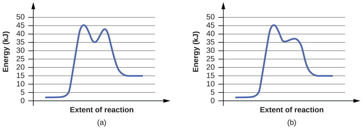 In this figure, two graphs are shown. The x-axes are labeled, “Extent of reaction” and the y-axes are labeled, “Energy (k J).” The y-axes are marked off from 0 to 50 at intervals of 5. In a, a blue curve is shown. It begins with a horizontal segment at about 2J. The curve then rises sharply near the middle to reach a maximum of about 46, then sharply falls to about 35, again rises to about 38 and falls to another horizontal segment at about 15. In b, the curve begins and ends similarly, but the first peak reaches about 46, drops to about 35, then rises to about 43 before falling to the horizontal region at about 15.