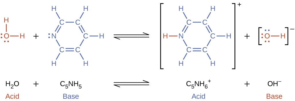 This figure has two rows. In both rows, a chemical reaction is shown. In the first, structural formulas are provided. In this model, in red, is an O atom which has H atoms singly bonded above and to the right. The O atom has lone pairs of electron dots on its left and lower sides. This is followed by a plus sign. The plus sign is followed, in blue, by an N atom with one lone pair of electron dots. The N atom forms a double bond with a C atom, which forms a single bond with a C atom. The second C atom forms a double bond with another C atom, which forms a single bond with another C atom. The fourth C atom forms a double bond with a fifth C atom, which forms a single bond with the N atom. This creates a ring structure. Each C atom is also bonded to an H atom. An equilibrium arrow follows this structure. To the right, in brackets is a structure where an N atom bonded to an H atom, which is red, appears. The N atom forms a double bond with a C atom, which forms a single bond with a C atom. The second C atom forms a double bond with another C atom, which forms a single bond with another C atom. The fourth C atom forms a double bond with a fifth C atom, which forms a single bond with the N atom. This creates a ring structure. Each C atom is also bonded to an H atom. Outside the brackets, to the right, is a superscript positive sign. This structure is followed by a plus sign. Another structure that appears in brackets also appears. An O atom with three lone pairs of electron dots is bonded to an H atom. There is a superscript negative sign outside the brackets. To the right, is the equation: k equals [ C subscript 5 N H subscript 6 superscript positive sign ] [ O H superscript negative sign] all divided by [ C subscript 5 N H subscript 5 ]. Under the initial equation, is this equation: H subscript 2 plus C subscript 5 N H subscript 5 equilibrium arrow C subscript 5 N H subscript 6 superscript positive sign plus O H superscript negative sign. H subscript 2 O is labeled, “acid,” in red. C subscript 5 N H subscript 5 is labeled, “base,” in blue. C subscript 5 N H subscript 6 superscript positive sign is labeled, “acid” in blue. O H superscript negative sign is labeled, “base,” in red.