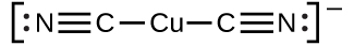 A Cu atom is bonded to two C atoms. Each of these C atoms is triple bonded to an N atom. Each N atom has two dots on the side of it.