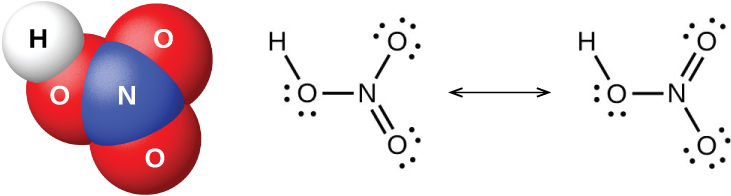 A space filling model shows a blue atom labeled, “N,” bonded on three sides to red atoms labeled, “O.” One of the red atoms is bonded to a white atom labeled, “H.” A pair of Lewis structures is shown connected by a double-headed arrow. The left Lewis structure shows an oxygen atom with two lone pairs of electrons single bonded on the left to a hydrogen atom and on the right to a nitrogen atom. The nitrogen atom is in turn single bonded to an oxygen atom with three lone pairs of electrons in an upward position and double bonded to an oxygen atom with two lone pairs of electrons in a downward position. The right Lewis structure is the same as the left, but the double bonded oxygen is in the upward position and the single bonded oxygen is in the lower position in relation to the nitrogen atom.