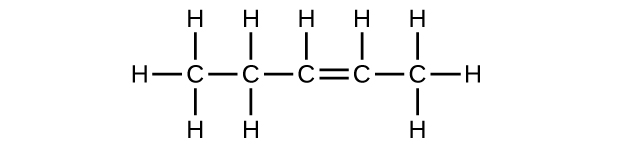 A chain of five C atoms is shown. The first C atom (from left to right) forms a single bond with the second C atom. The second C atom forms a single bond with the third C atom. The third C atom forms a double bond with the fourth C atom. The fourth C atom forms a single bond to the fifth C atom. The first C atom (from left to right) as three H atoms bonded to it. The second C atom has two H atoms bonded to it. The third C atom has one H atom bonded to it. The fourth C atom has one H atom bonded to it. The fifth C atom as three H atoms bonded to it.