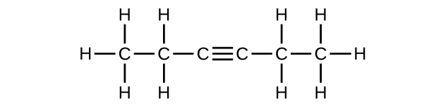 This figure shows a hydrocarbon chain with a length of six C atoms. The first C atom has three H atoms bonded to it, and it is also bonded to a second C atom. The second C atom has an H atom bonded above and below it. It is also bonded to a third C atom. The third C atom forms a triple bond to a fourth C atom. The fourth C atom forms a single bond with a fifth C atom which has two H atoms bonded above and below it. The sixth C atom has three H atoms bonded to it.