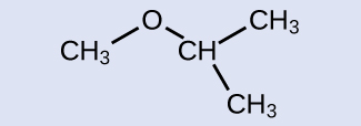 A molecular structure shows a C H subscript 3 group bonded up and to the right to an O atom. The O atom is bonded down and to the right to a C H group. The C H group is bonded up and to the right to a C H subscript 3 group. The C H group is also bonded down and to the right to another C H subscript 3 group.