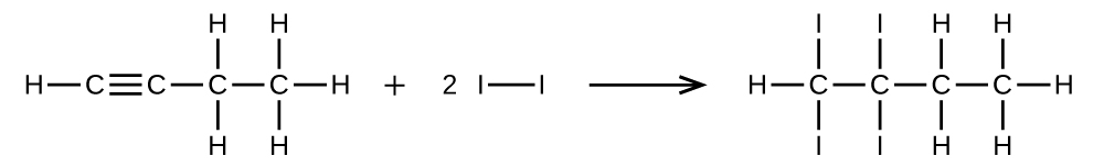 A reaction is shown. On the left, a four carbon hydrocarbon chain is shown with a triple bond between C atoms 1 and 2 moving left to right across the molecule. The first C is bonded to one H atom. The second C atom bonds with the third C atom. The third C atom is bonded to two H atoms and a fourth C atom. The fourth C atom is bonded to three H atoms. A plus sign is shown followed by 2 I dash I, which is followed by a reaction arrow, then a four C atom hydrocarbon chain with I atoms bonded above and below C atoms 1 and 2 from left to right. The first C atom is bonded to one H. The third C atom is bonded to two H atoms. The fourth C atom is bonded to three H atoms.