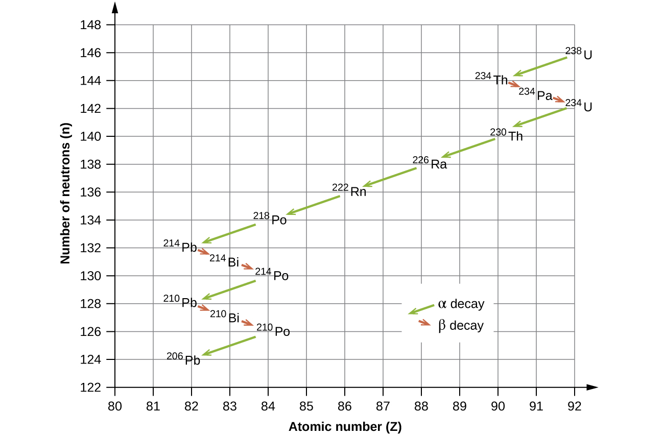 A graph is shown where the x-axis is labeled “Number of neutrons, open parenthesis, n, close parenthesis” and has values of 122 to 148 in increments of 2. The y-axis is labeled “Atomic number” and has values of 80 to 92 in increments of 1. Two types of arrows are used in this graph to connect the points. Green arrows are labeled as “alpha decay” while red arrows are labeled “beta decay.” Beginning at the point “92, 146” that is labeled “superscript 238, U,” a green arrow connects this point to the second point “90, 144” which is labeled “superscript 234, T h.” A red arrow connect this to the third point “91, 143” which is labeled “superscript 234, P a” which is connected to the fourth point “92, 142” by a red arrow and which is labeled “superscript 234, U.” A green arrow leads to the next point, “90, 140” which is labeled “superscript 230, T h” and is connected by a green arrow to the sixth point, “88, 138” which is labeled “superscript 226, R a” that is in turn connected by a green arrow to the seventh point “86, 136” which is labeled “superscript 222, Ra.” The eighth point, at “84, 134” is labeled “superscript 218, P o” and has green arrows leading to it and away from it to the ninth point “82, 132” which is labeled “superscript 214, Pb” which is connected by a red arrow to the tenth point, “83, 131” which is labeled “superscript 214, B i.” A red arrow leads to the eleventh point “84, 130” which is labeled “superscript 214, P o” and a green arrow leads to the twelvth point “82, 128” which is labeled “superscript 210, P b.” A red arrow leads to the thirteenth point “83, 127” which is labeled “superscript 210, B i” and a red arrow leads to the fourteenth point “84, 126” which is labeled “superscript 210, P o.” The final point is labeled “82, 124” and “superscript 206, P b.”