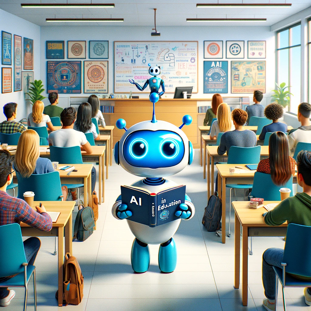 An AI generated A cartoon illustration of a college classroom scene. In the foreground, a friendly robot mascot with cute antennae and a sleek design is facing the camera, holding a book titled 'AI in Education'. The robot is in a modern classroom filled with casually dressed college students, who are diverse in ethnicity and gender, attentively facing towards the robot instructor at the front of the room. The classroom is equipped with advanced educational tools and college-level posters, creating a vibrant and engaging learning environment.