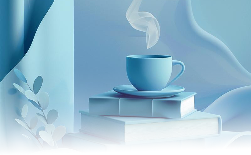 A steaming coffee cup sits on a stack of books with swirling soft shapes in the background.